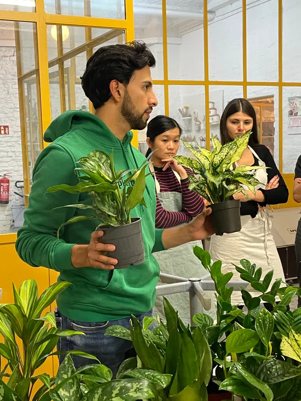 A facilitator holding up two potted houseplants while aproned participants listen in a bright studio with yellow steel windows